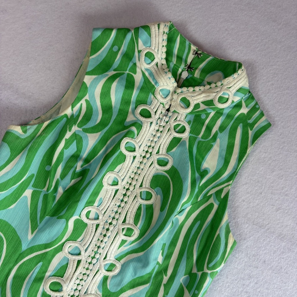 Lilly Pulitzer Green Blue Swirl Embroidered Zip Front Mini Dress Size 0